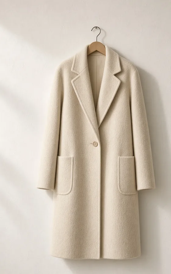 A bone-coloured wool coat on a hanger.