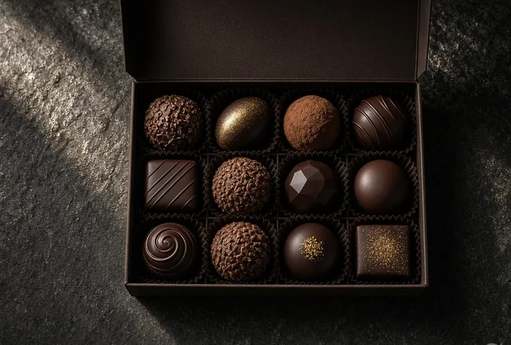 An open selection box of assorted chocolates, seen from above.