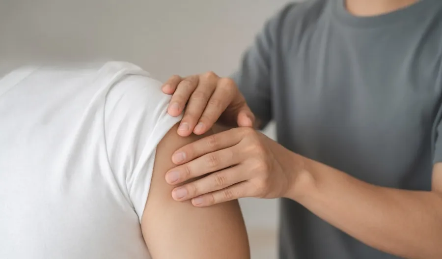 A physiotherapist's hands resting on a patient's shoulder during an assessment.