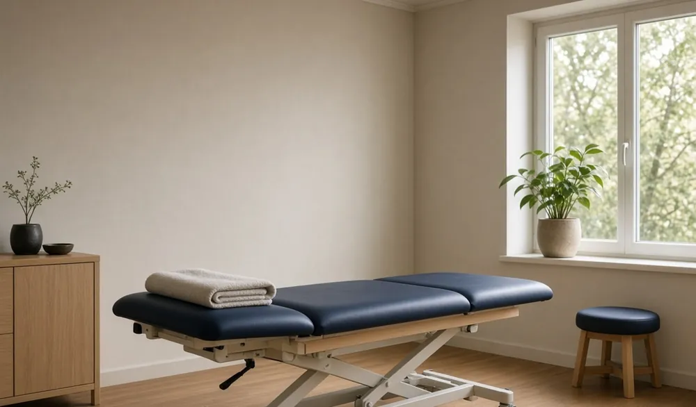 A quiet treatment room with a plinth, a stool and a window looking onto green leaves.