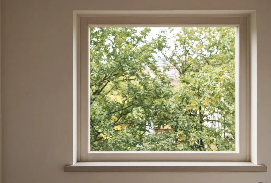 A window on an upper floor looking out into street trees.