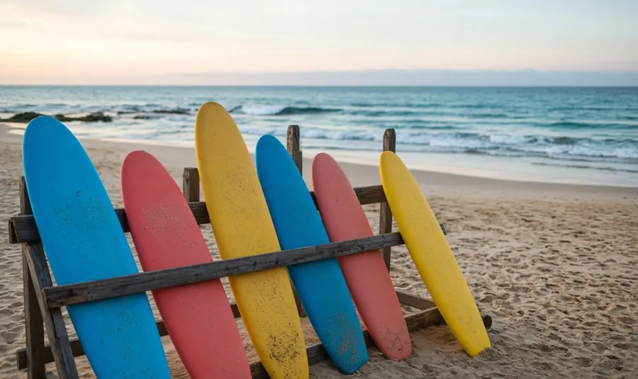 Six coloured foam surfboards leaning in a timber rack on the sand.