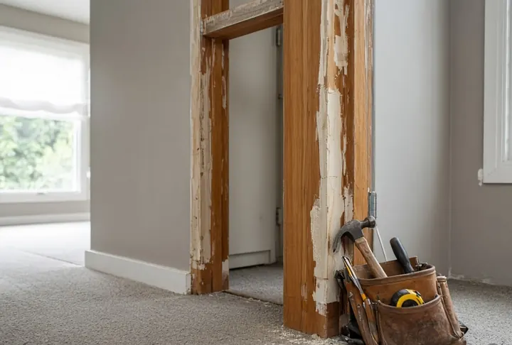 A tool belt beside a partly repaired interior door frame.