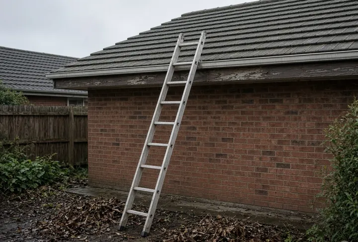A ladder leaning against a tiled roof beside cleared guttering.